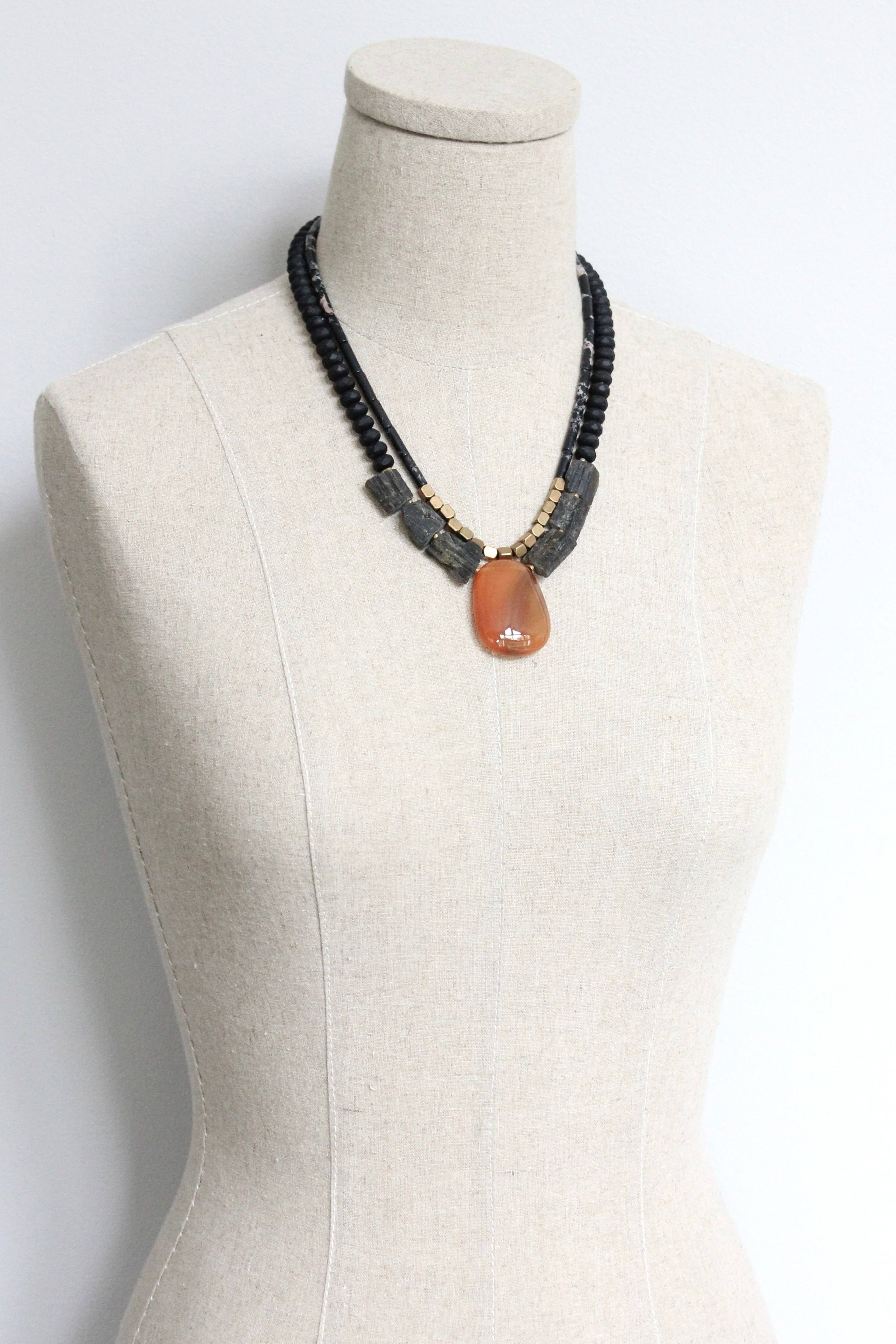 Amber, Red and Black Agate and Carnelian 3 Strand Necklace with 2 Strand Bracelet online and Earrings